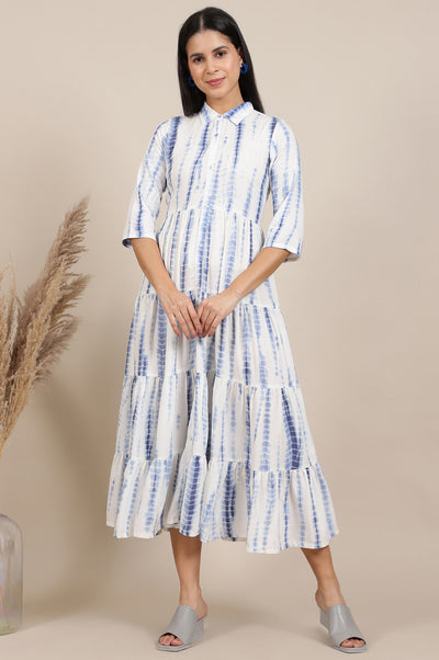 Blue Geometric Printed A-Line Viscose Dress
