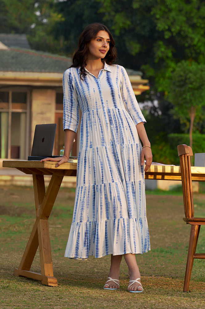 Buy Blue Geometric Printed A-Line Viscose Dress Online for Woman
