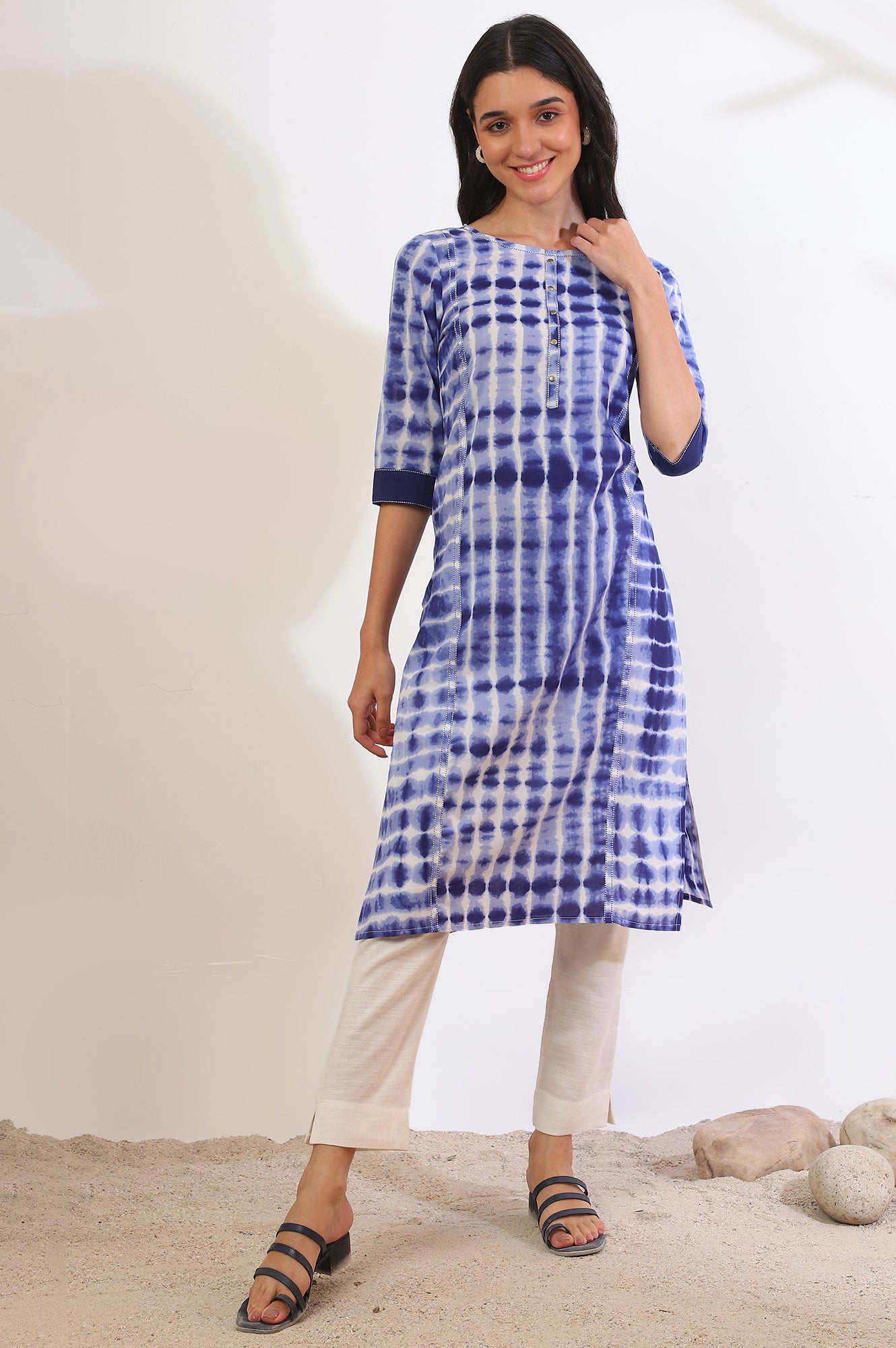 Blue Printed Straight Pure Cotton Kurta