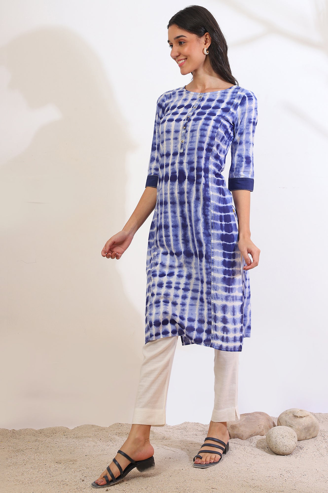 Blue Printed Straight Pure Cotton Kurta