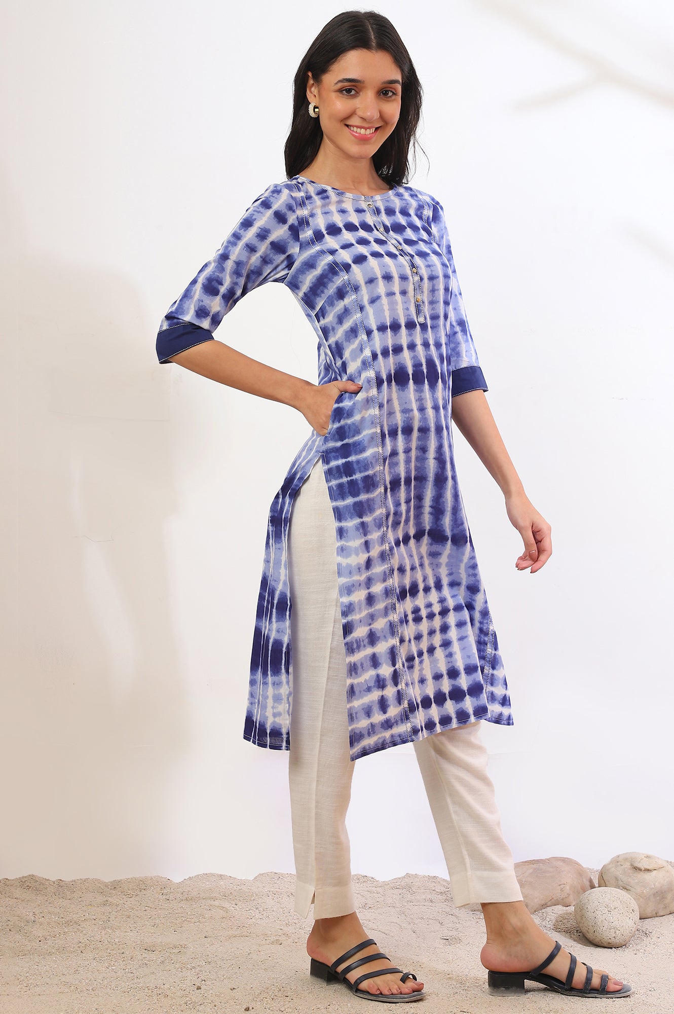 Blue Printed Straight Pure Cotton Kurta