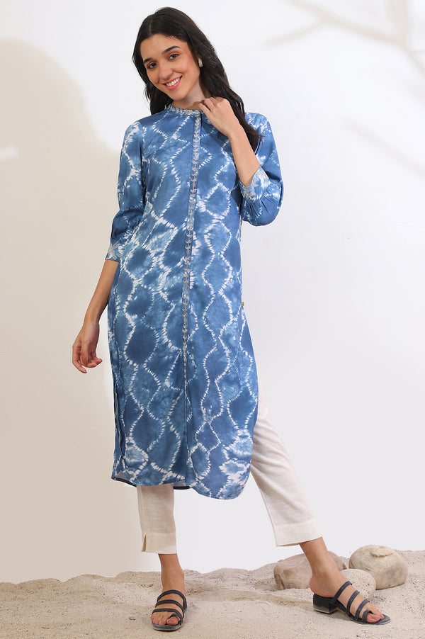 Blue Shibori Printed Dori Embroidered Rayon Twill Straight Kurta