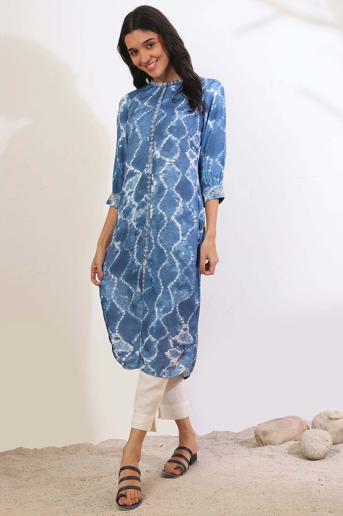 Blue Shibori Printed Dori Embroidered Rayon Twill Straight Kurta