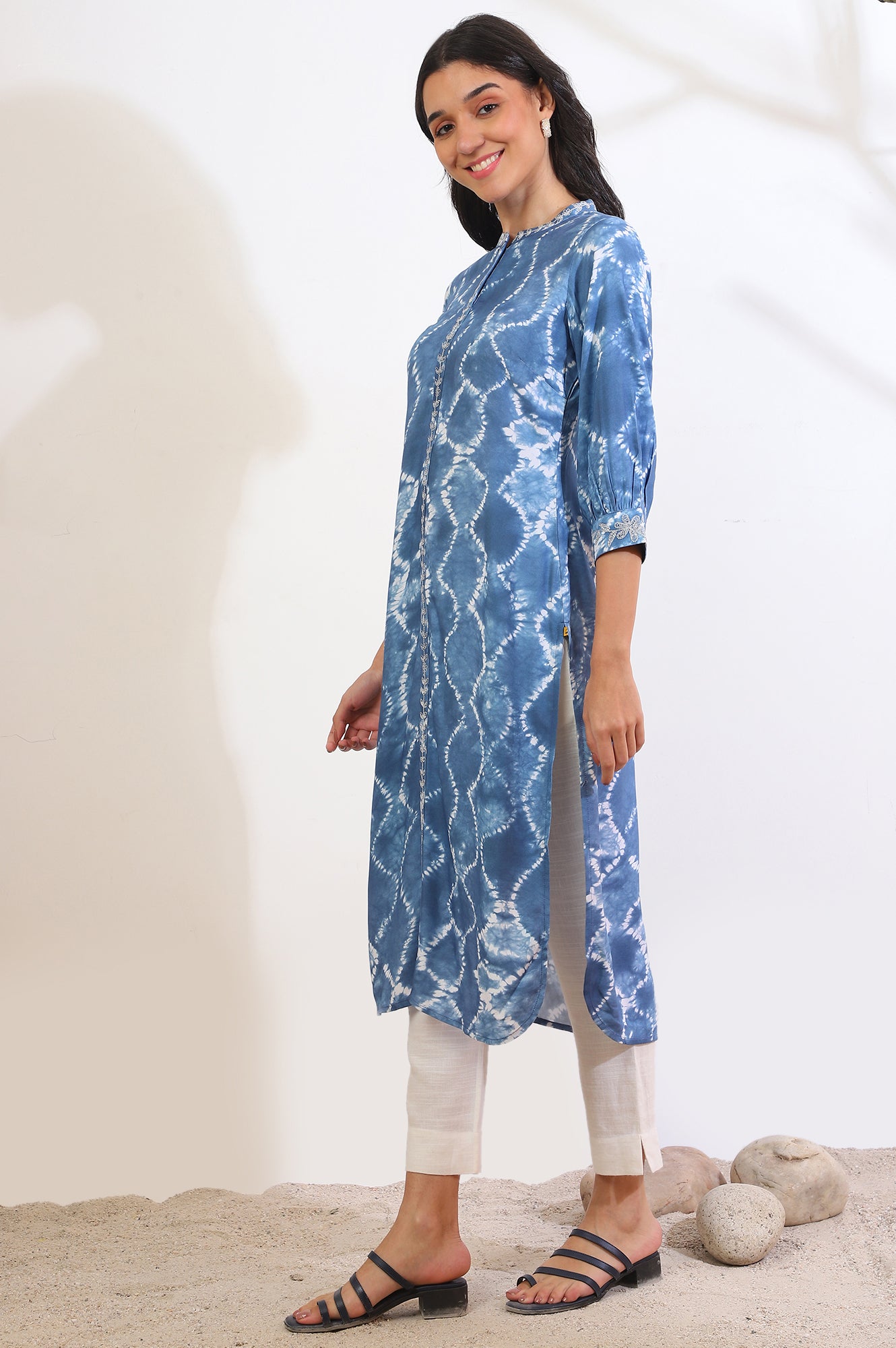 Blue Printed ZariA-Line Kurta