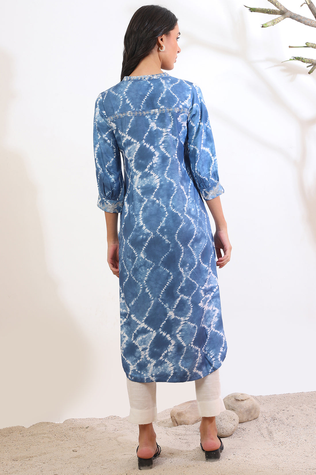 Blue Shibori Printed Dori Embroidered Rayon Twill Straight Kurta