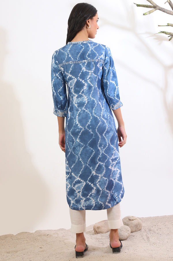 Blue Shibori Printed Dori Embroidered Rayon Twill Straight Kurta