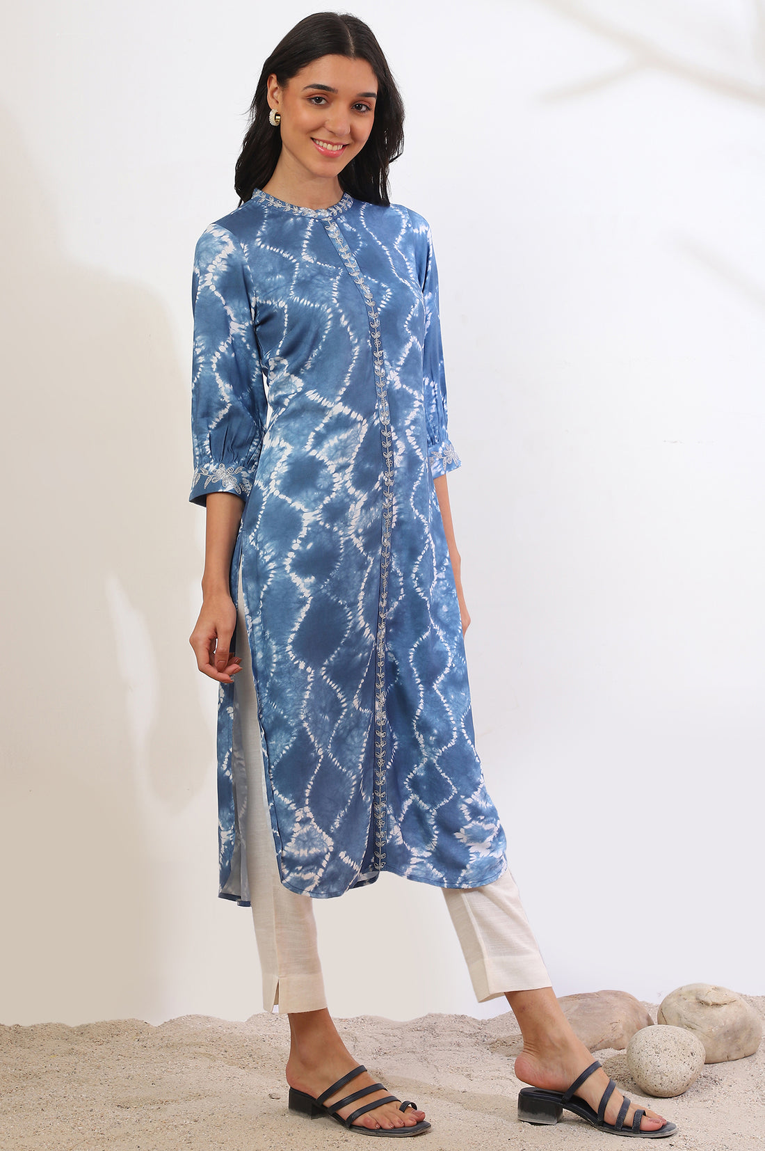 Blue Shibori Printed Dori Embroidered Rayon Twill Straight Kurta