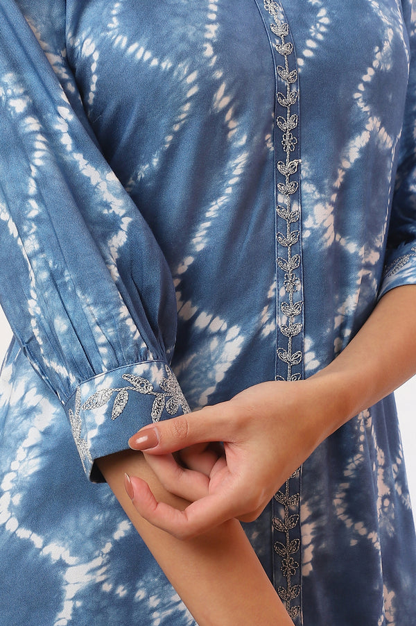 Blue Shibori Printed Dori Embroidered Rayon Twill Straight Kurta