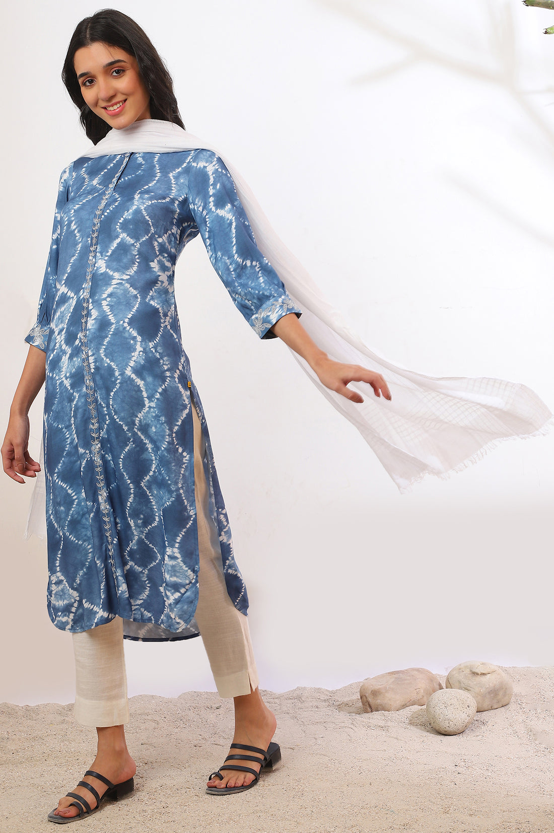 Blue Shibori Printed Dori Embroidered Rayon Twill Straight Kurta