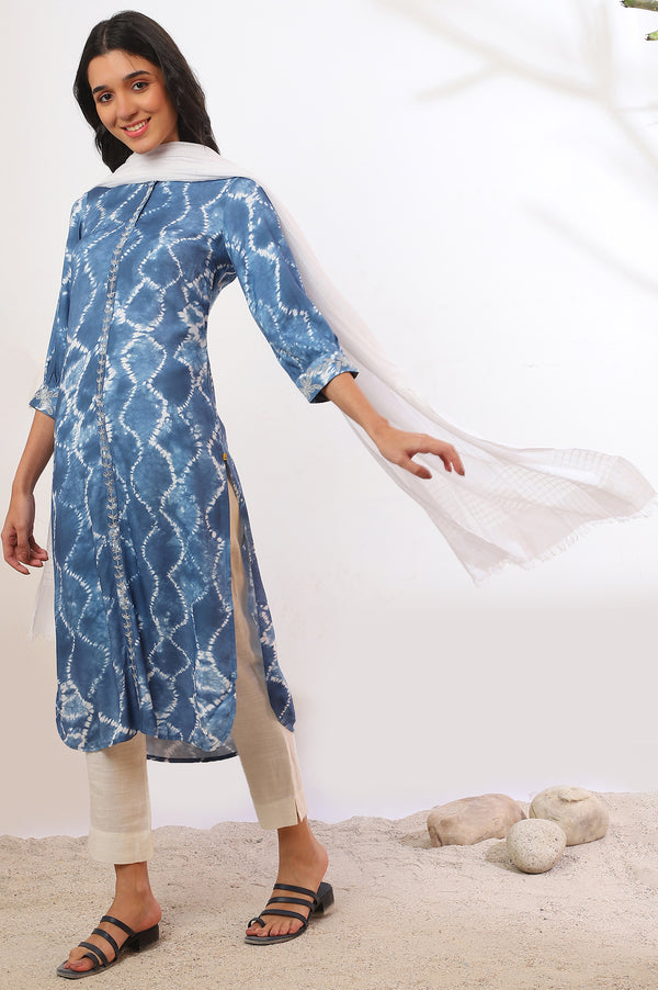 Blue Shibori Printed Dori Embroidered Rayon Twill Straight Kurta