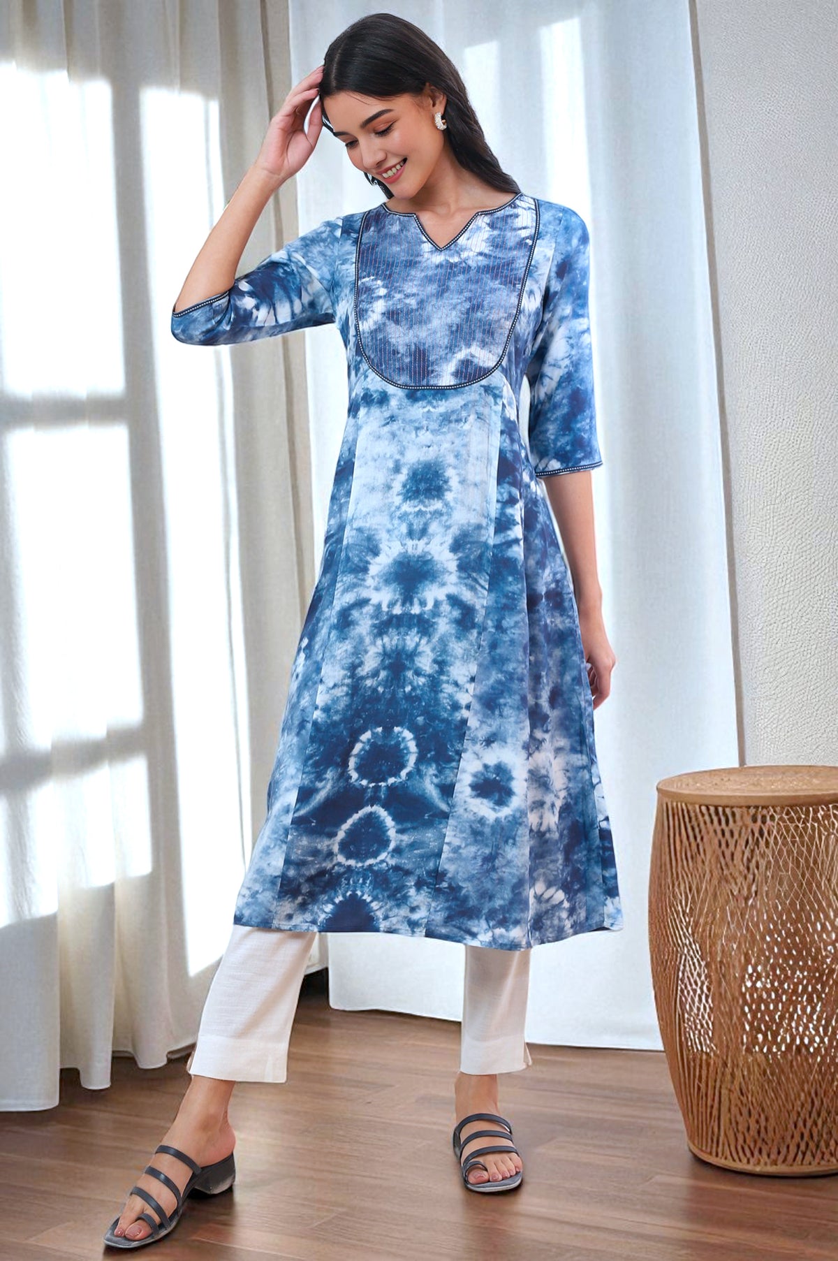 Blue Shibori Printed A-Line Kurta with Lace Detail - S