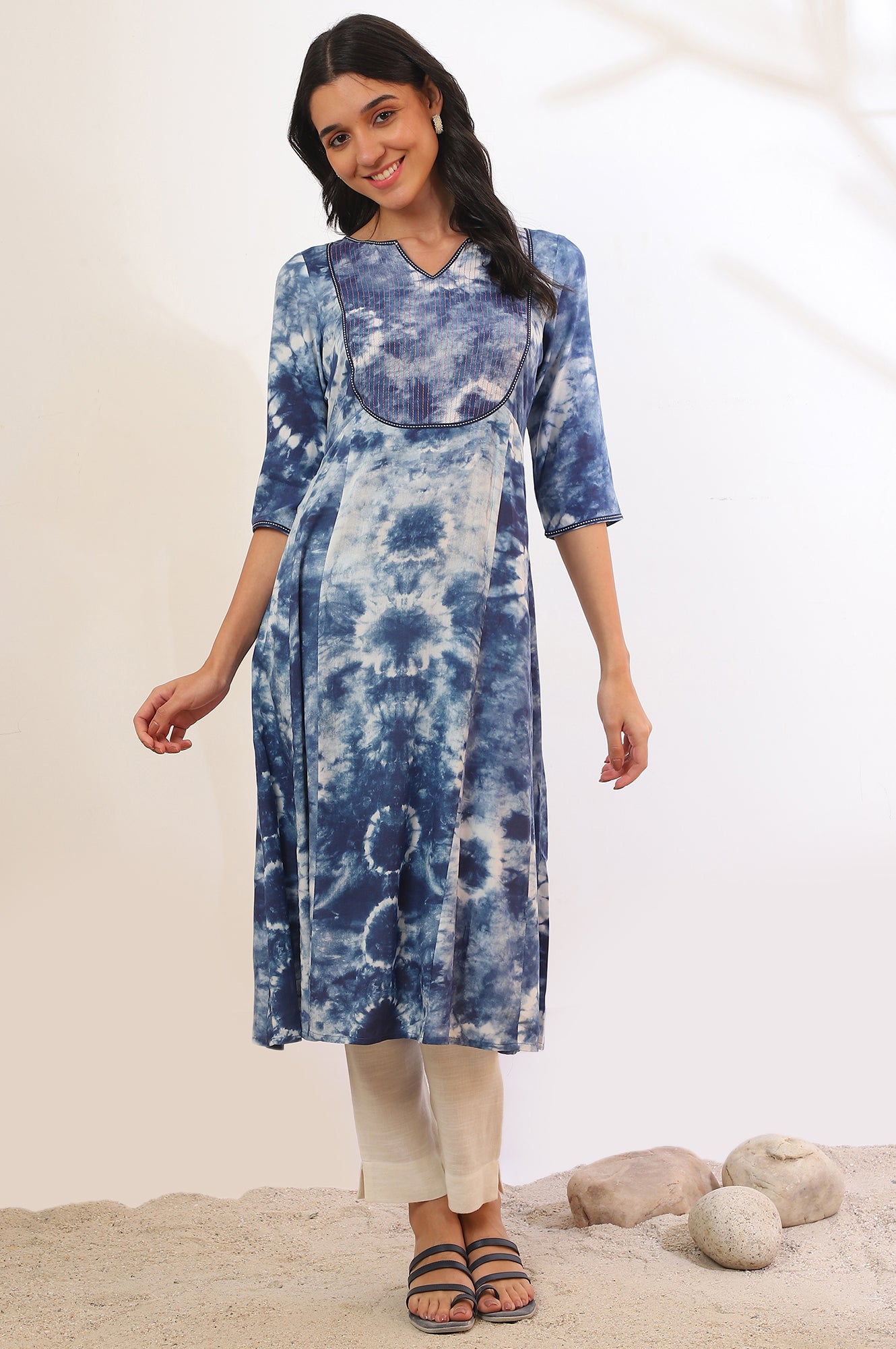 Blue Printed A-Line Kurta