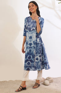 Blue Shibori Printed A-Line Kurta with Lace Detail