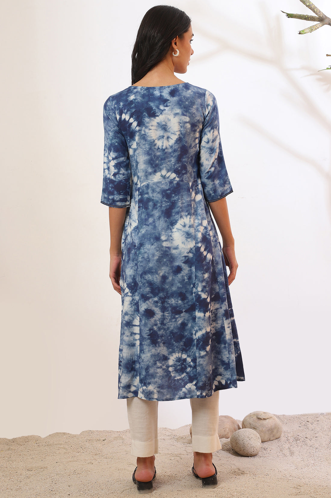 Blue Shibori Printed A-Line Kurta with Lace Detail