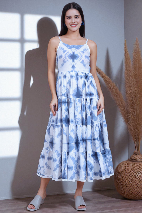 White Tie and Dye Shibori Shoulder Strap Tiered Western Dress