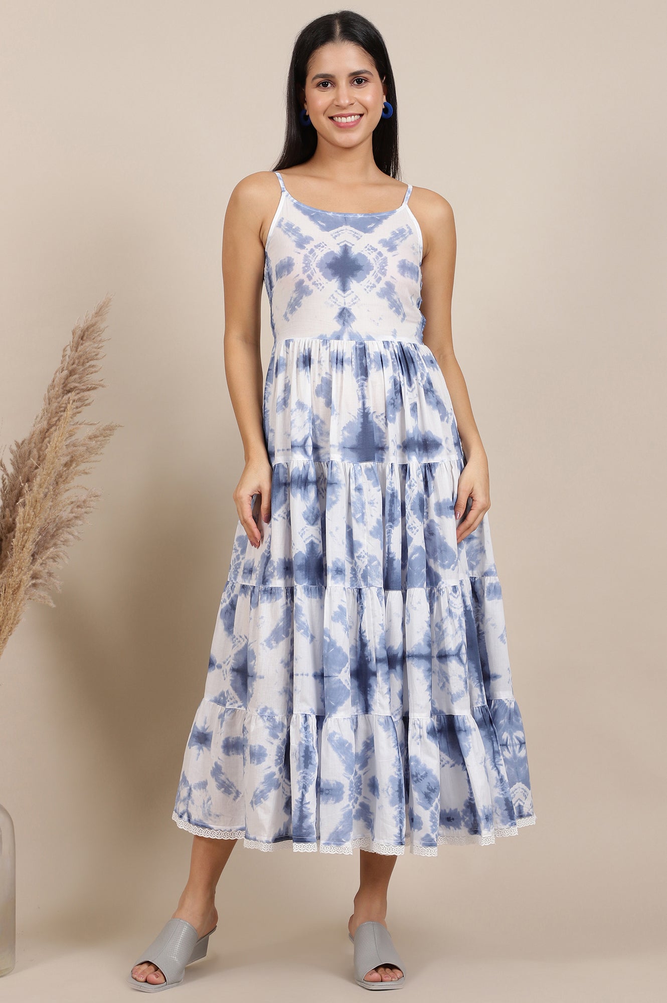 White Tie and Dye Shibori Shoulder Strap Tiered Western Dress