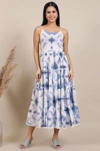 White Tie and Dye Shibori Shoulder Strap Tiered Western Dress