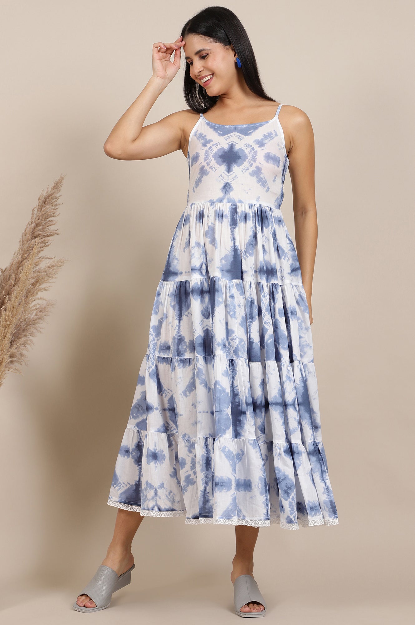 White Tie and Dye Shibori Shoulder Strap Tiered Western Dress