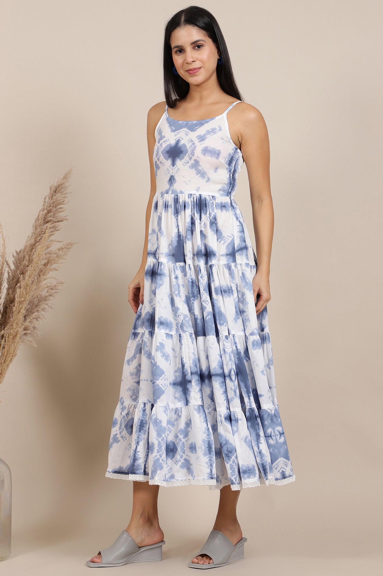 White Tie and Dye Shibori Shoulder Strap Tiered Western Dress