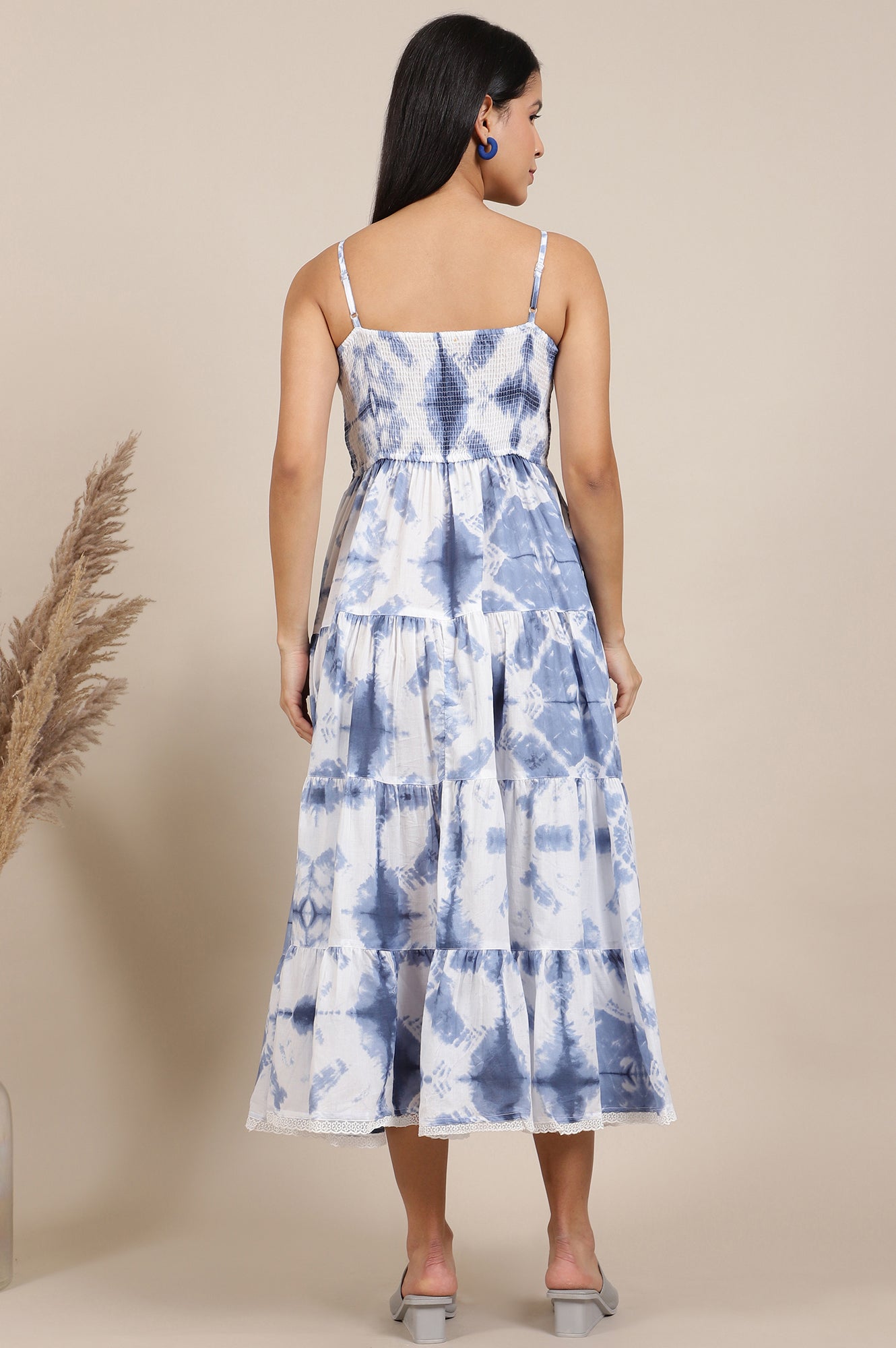 White Tie and Dye Shibori Shoulder Strap Tiered Western Dress