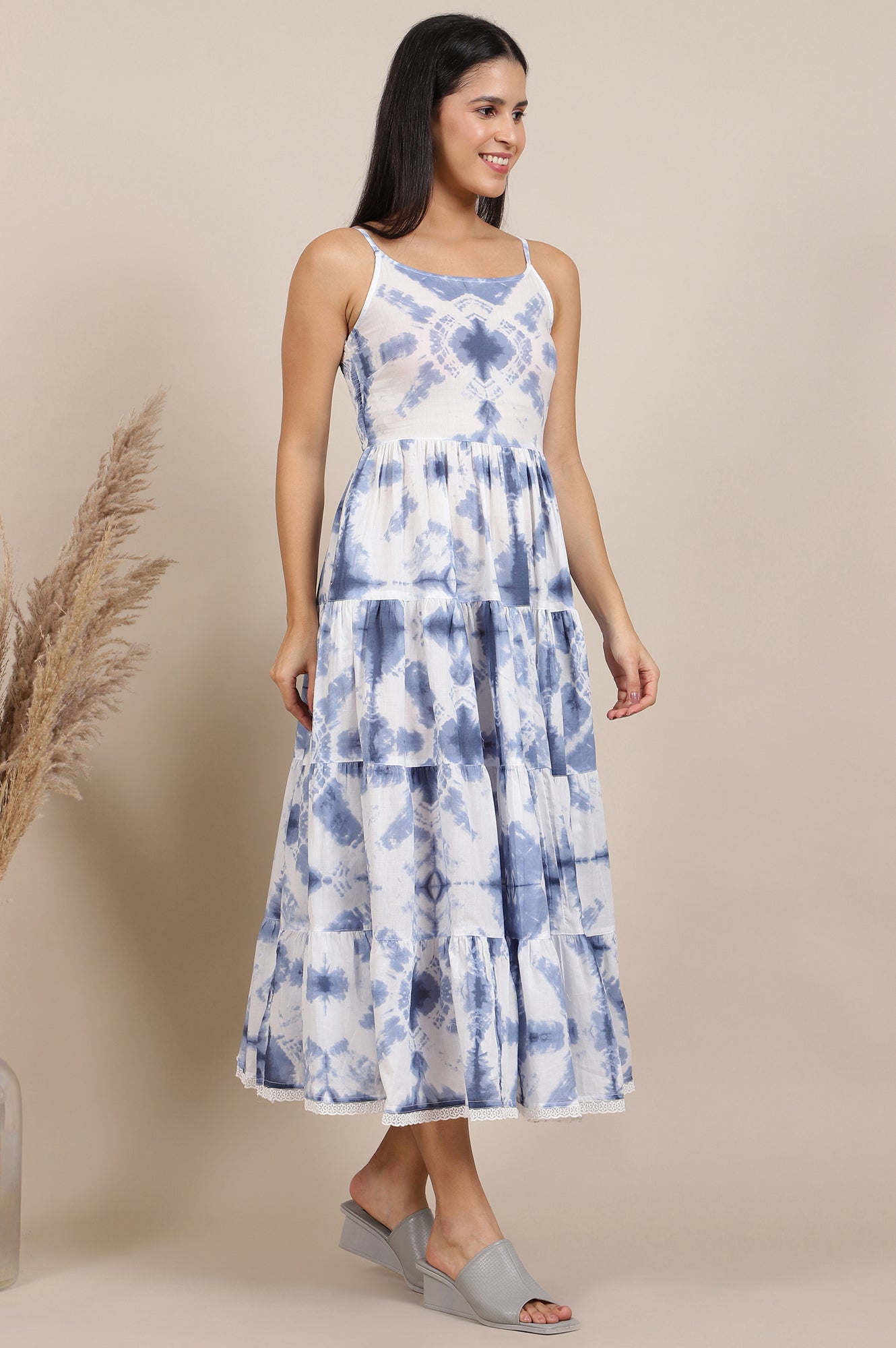 White Tie and Dye Shibori Shoulder Strap Tiered Western Dress