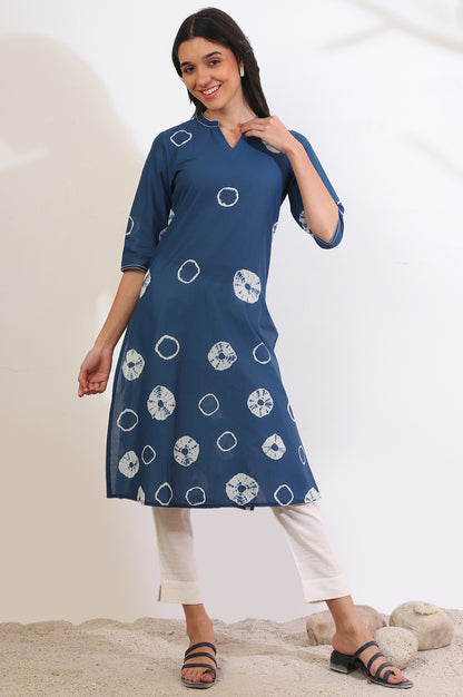 Blue Printed A-Line Pure Cotton Kurta