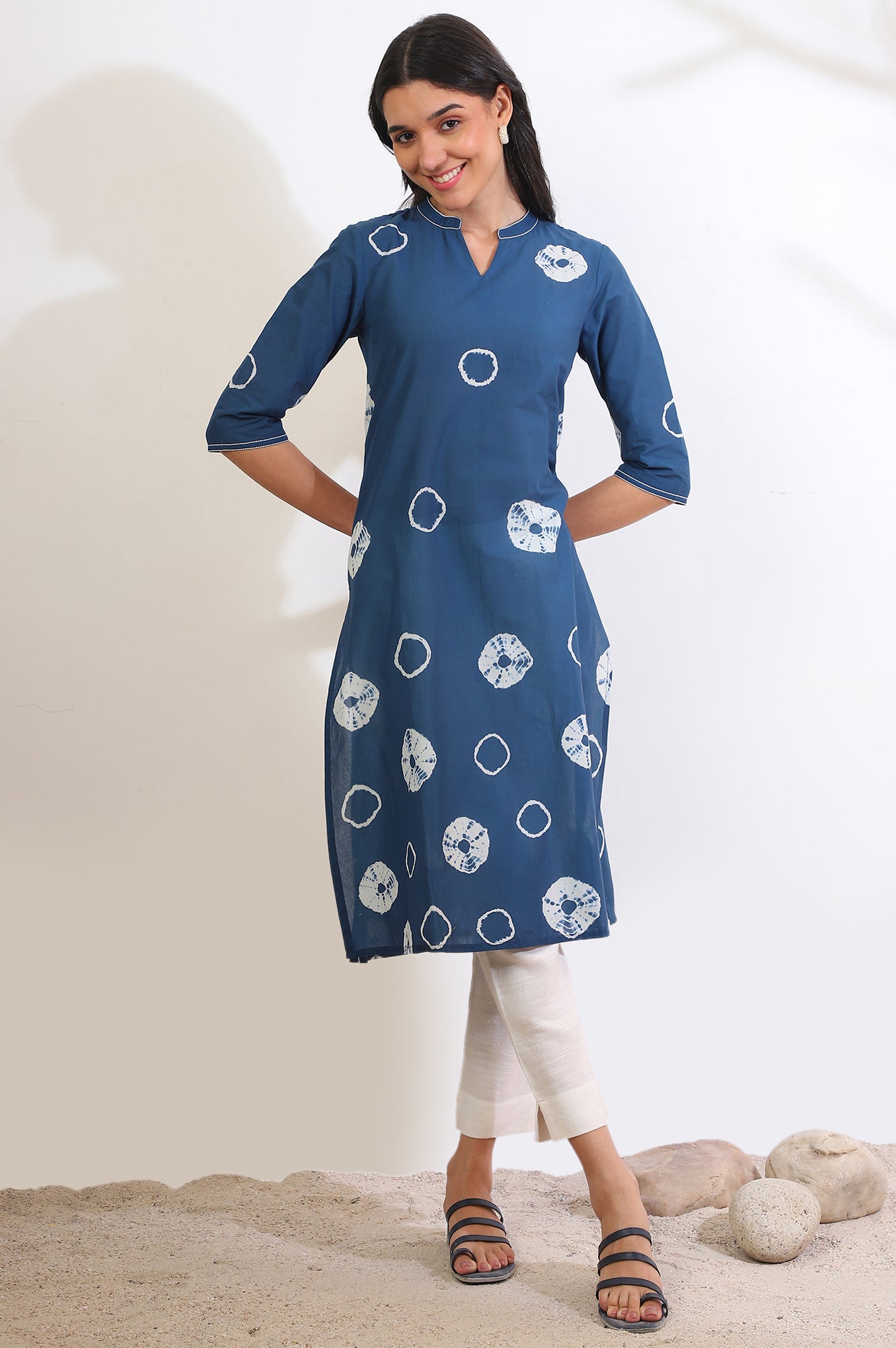 Blue Printed A-Line Pure Cotton Kurta