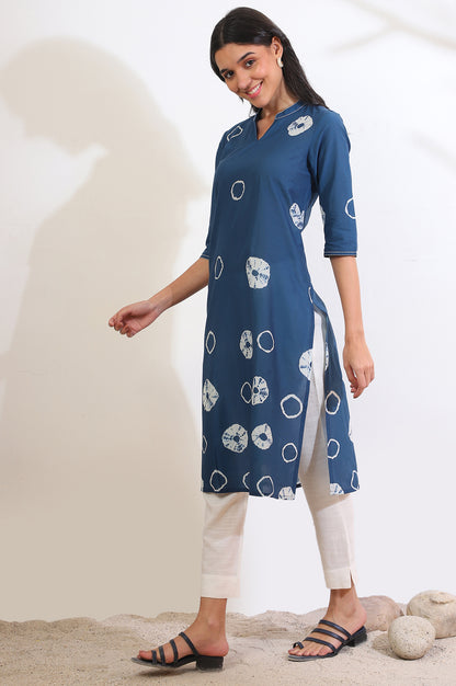 Blue Printed A-Line Pure Cotton Kurta