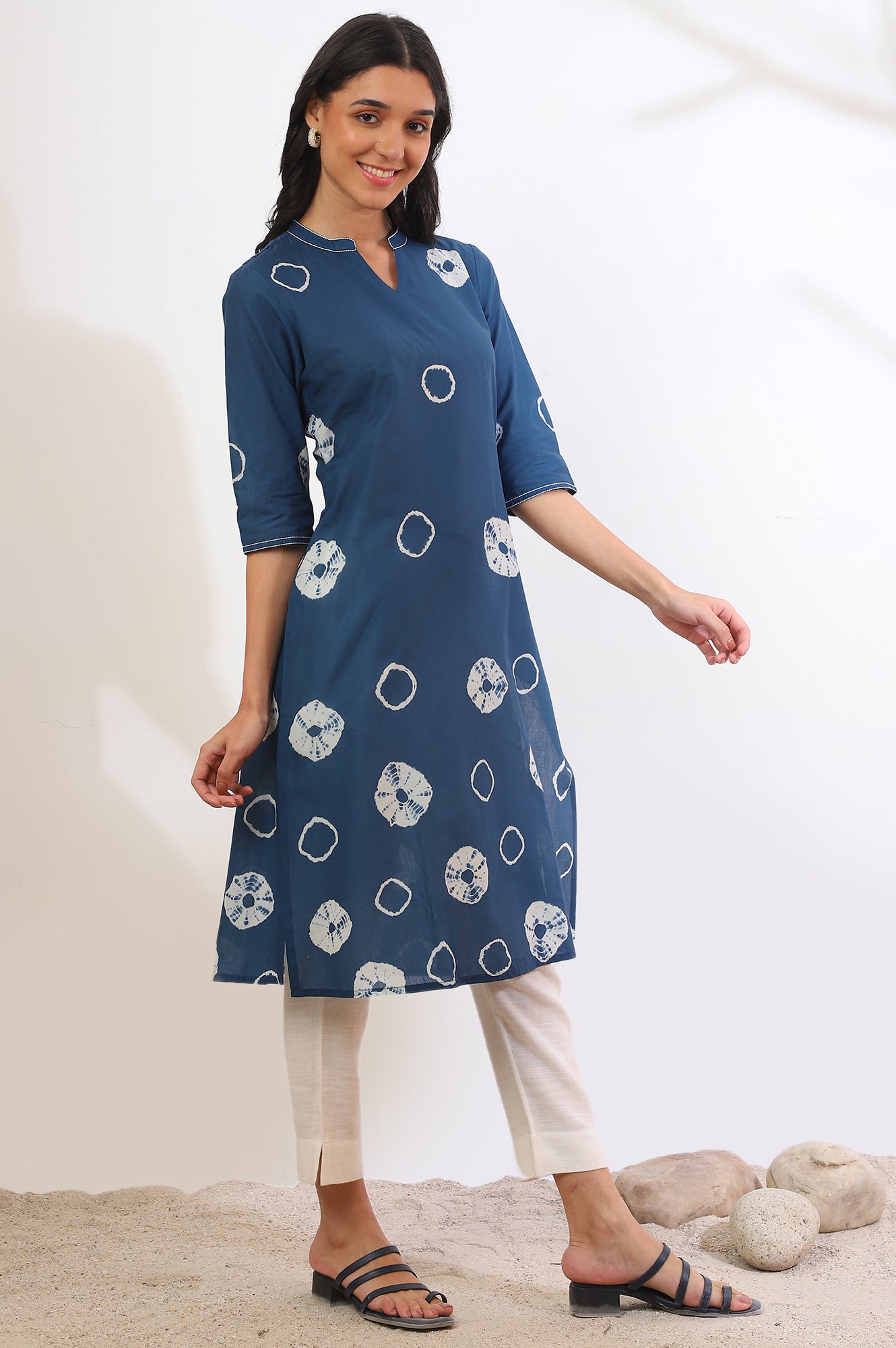 Blue Printed A-Line Pure Cotton Kurta