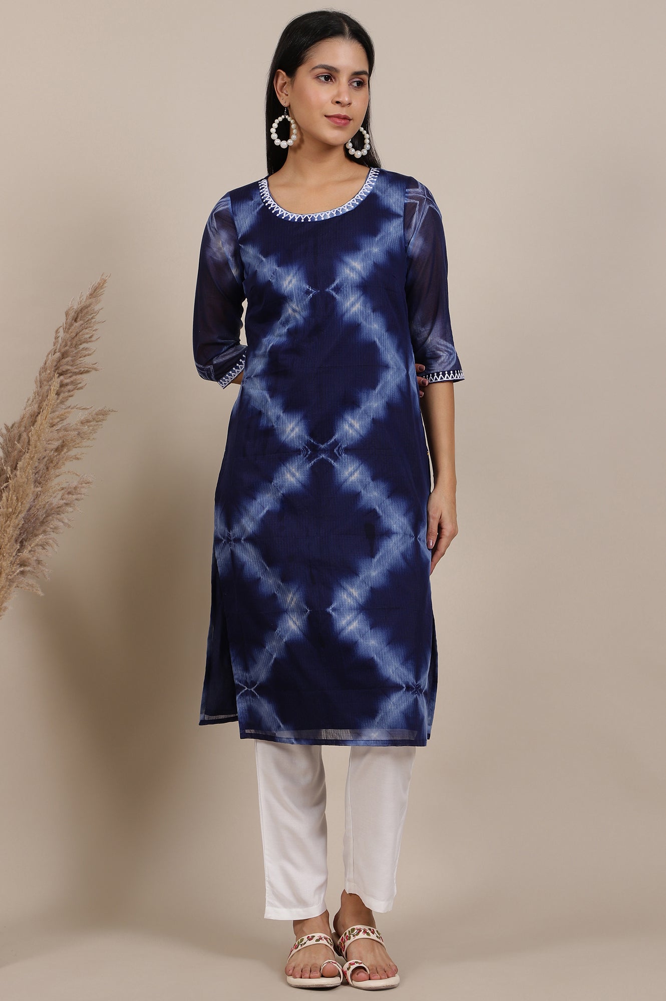 Blue Tie and Dye Kota Straight Kurta with Thread Embroidery