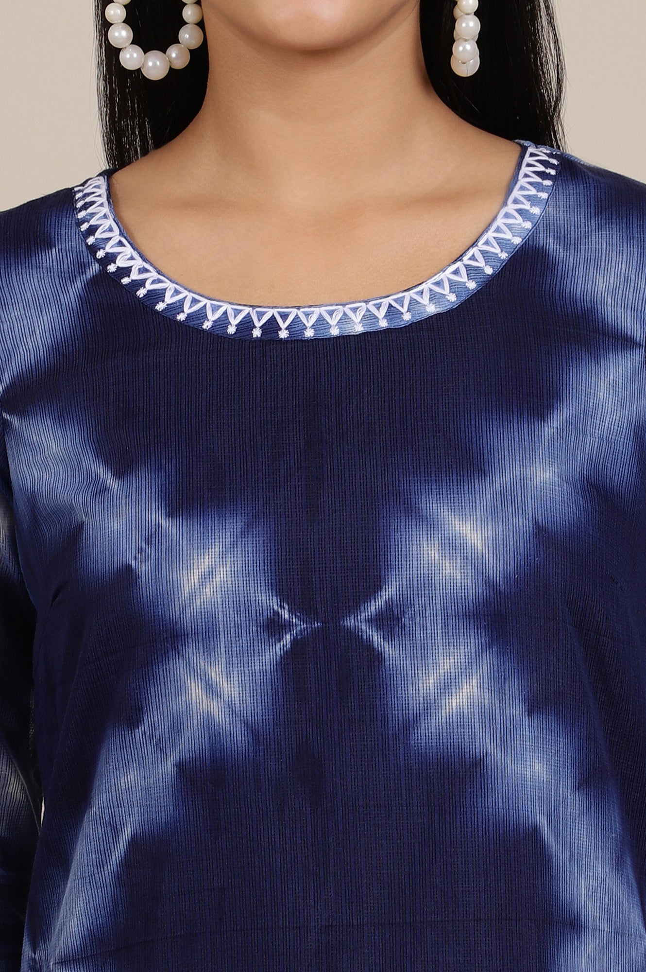 Blue Tie and Dye Kota Straight Kurta with Thread Embroidery