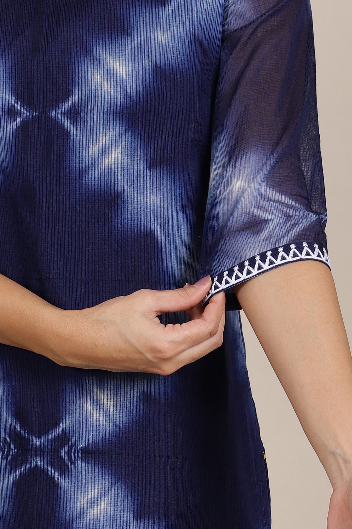 Blue Tie and Dye Kota Straight Kurta with Thread Embroidery