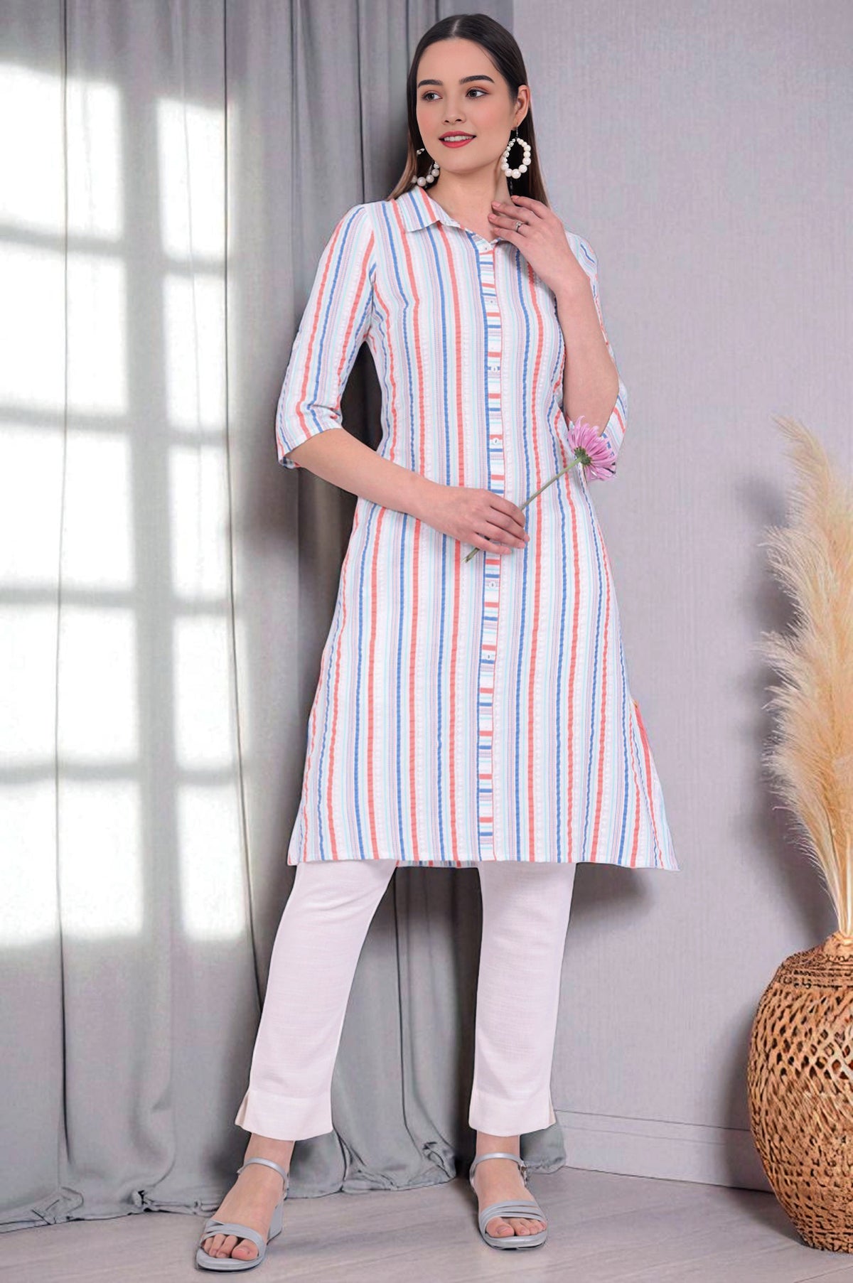 Multicolour Yarn Dyed Straight Cotton Blend Kurta - S