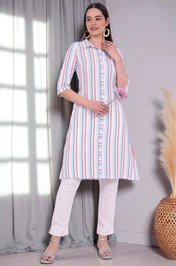 Multicolour Yarn Dyed Straight Cotton Blend Kurta