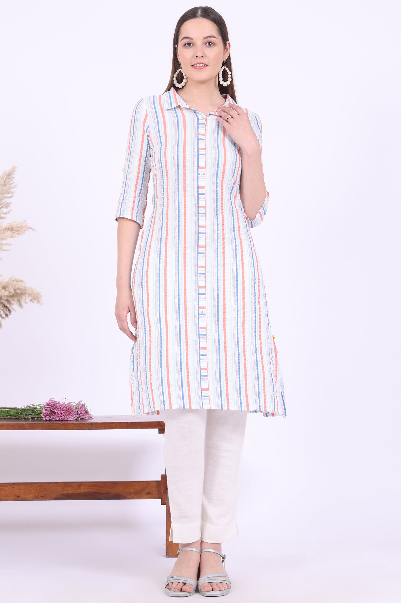 Multicolour Yarn Dyed Straight Cotton Blend Kurta