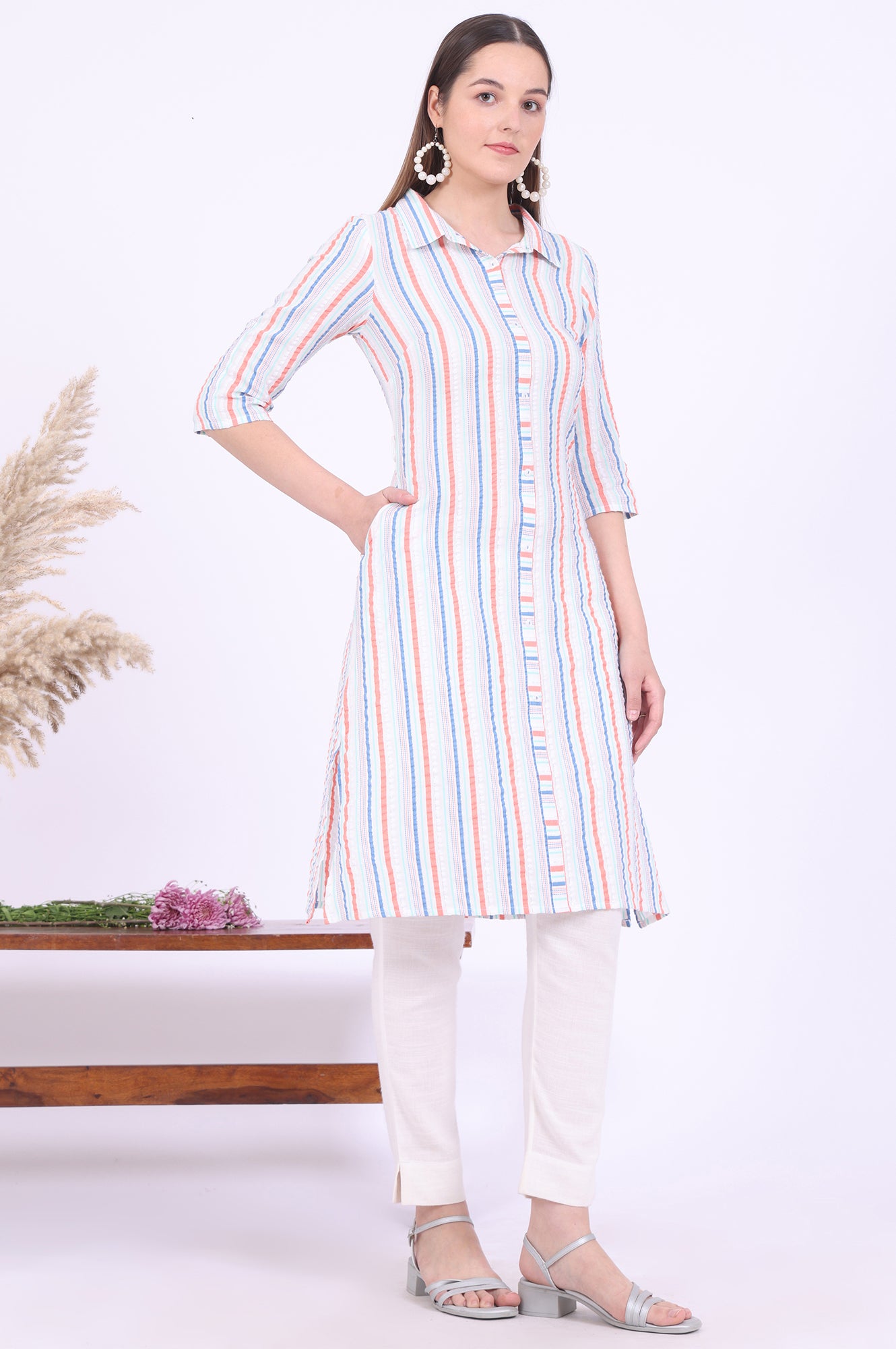 Multicolour Yarn Dyed Straight Cotton Blend Kurta