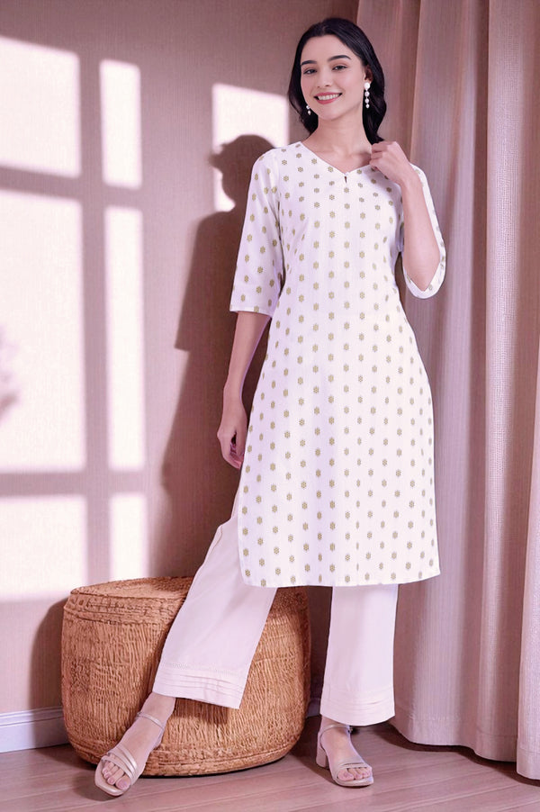 Off White Yarn Dyed Straight Cotton Blend Kurta