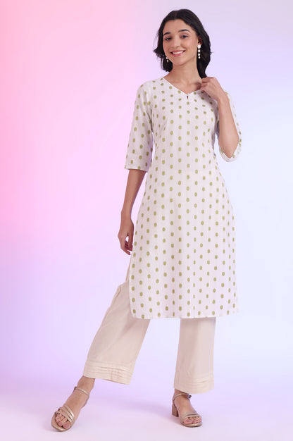 Off White Yarn Dyed Straight Cotton Blend Kurta