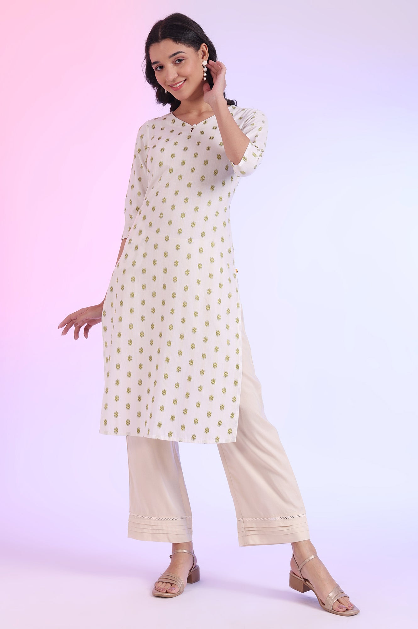 Off White Yarn Dyed Straight Cotton Blend Kurta