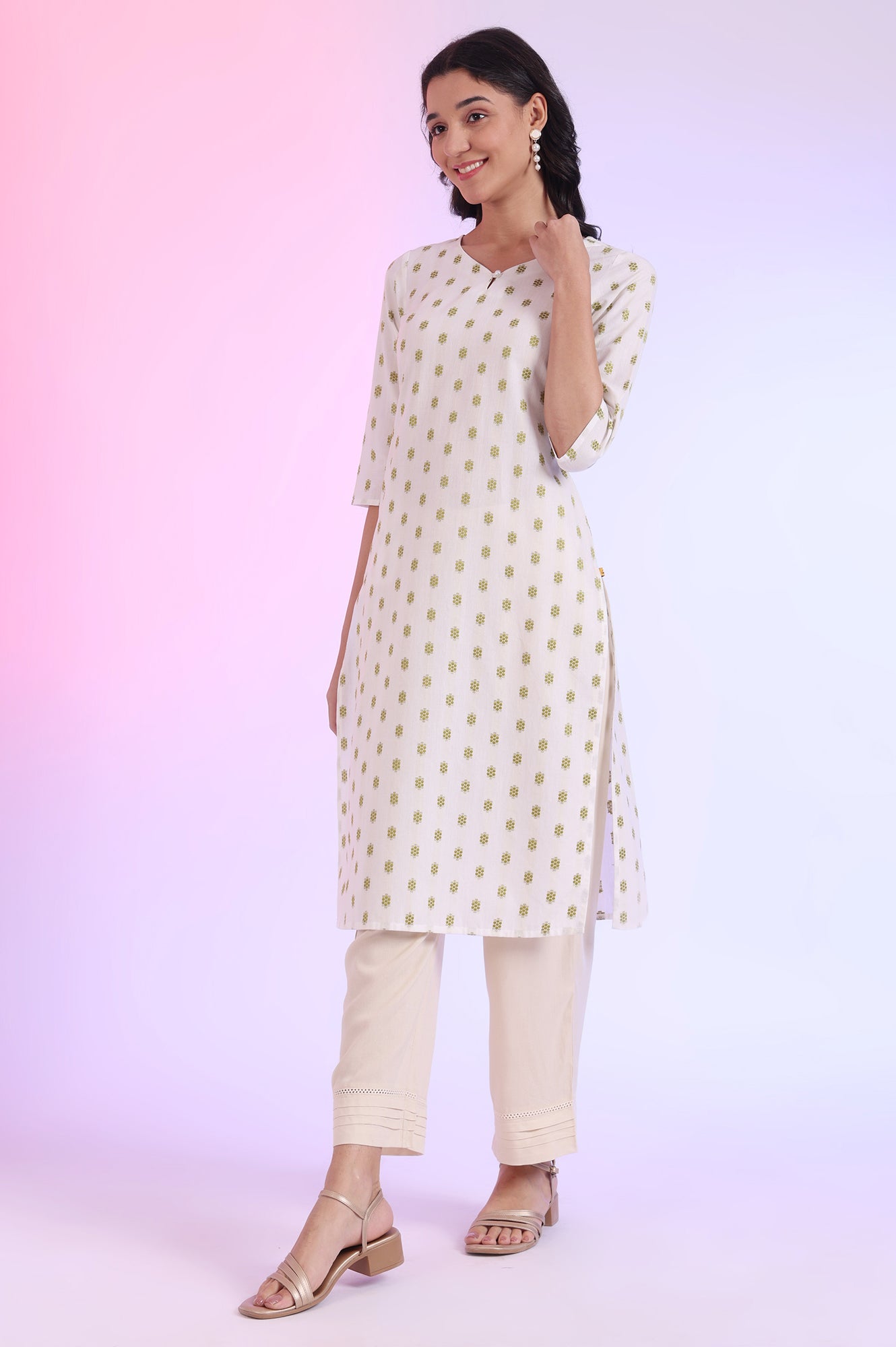 Off White Yarn Dyed Straight Cotton Blend Kurta