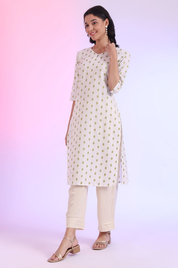 Off White Yarn Dyed Straight Cotton Blend Kurta