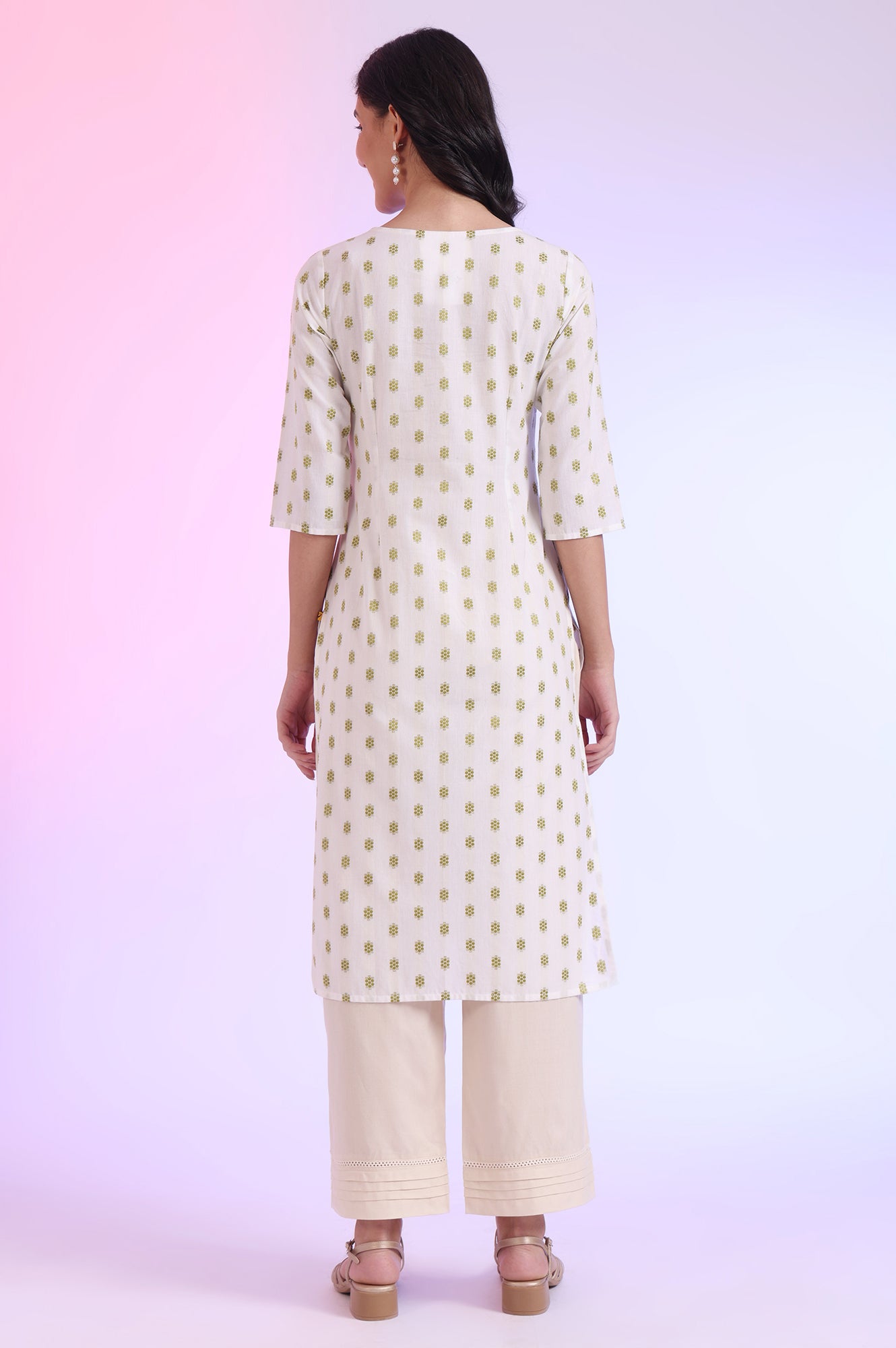 Off White Yarn Dyed Straight Cotton Blend Kurta