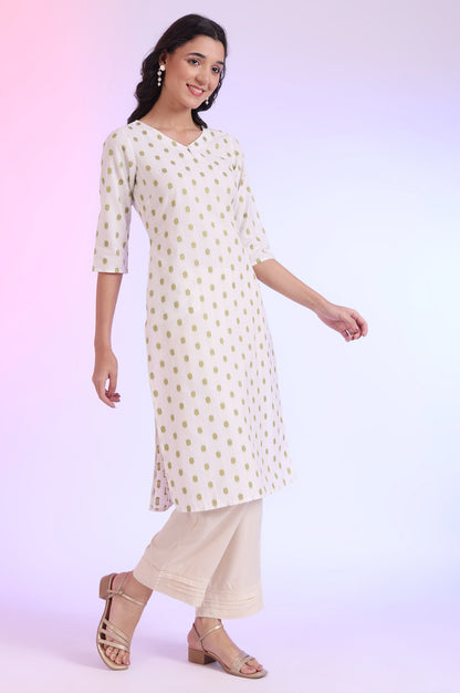 Off White Yarn Dyed Straight Cotton Blend Kurta