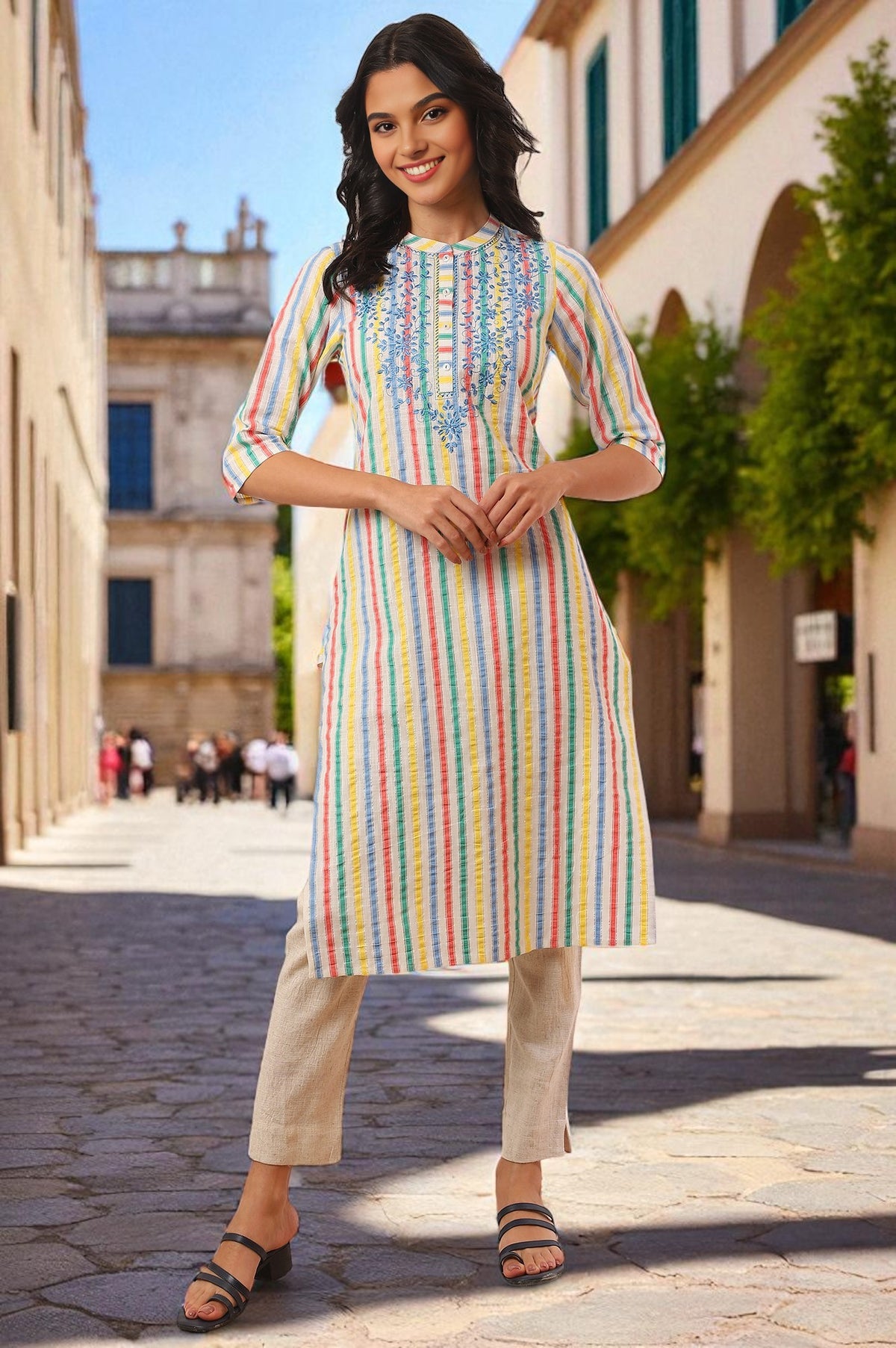 Yellow Yarn Dyed Straight Cotton Blend Kurta - S