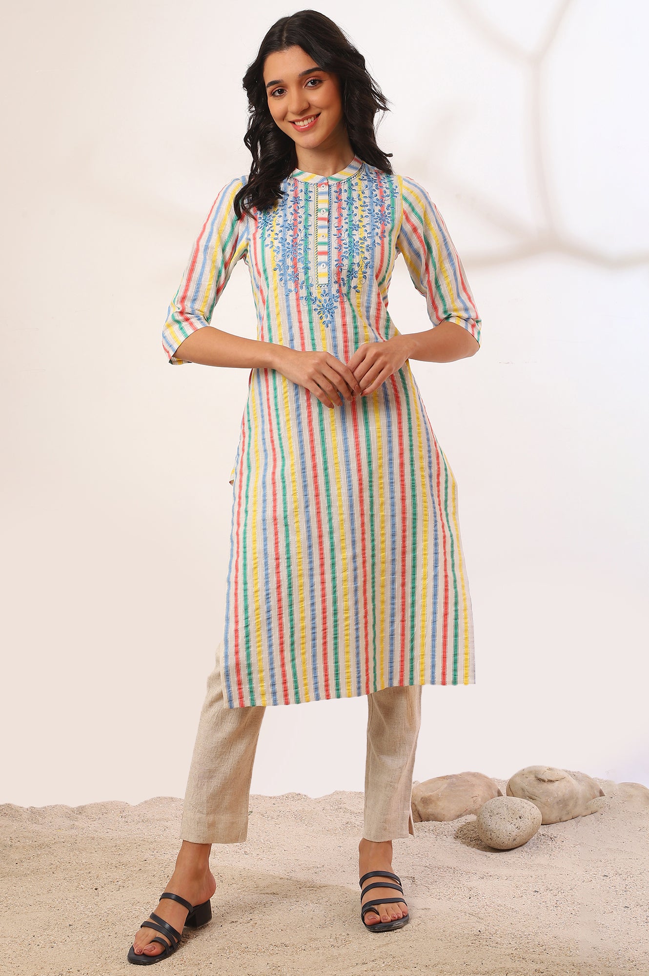 Yellow Yarn Dyed Straight Cotton Blend Kurta