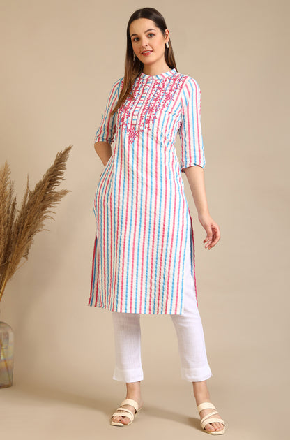 White Yarn Dyed Embroidered Yoke Straight Kurta with Multi-coloured Stripes