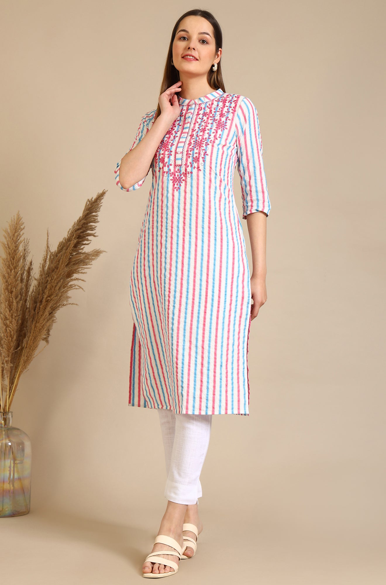 White Yarn Dyed Embroidered Yoke Straight Kurta with Multi-coloured Stripes