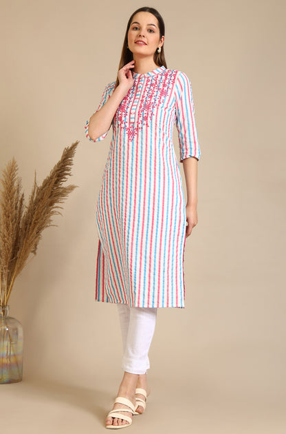 White Yarn Dyed Embroidered Yoke Straight Kurta with Multi-coloured Stripes