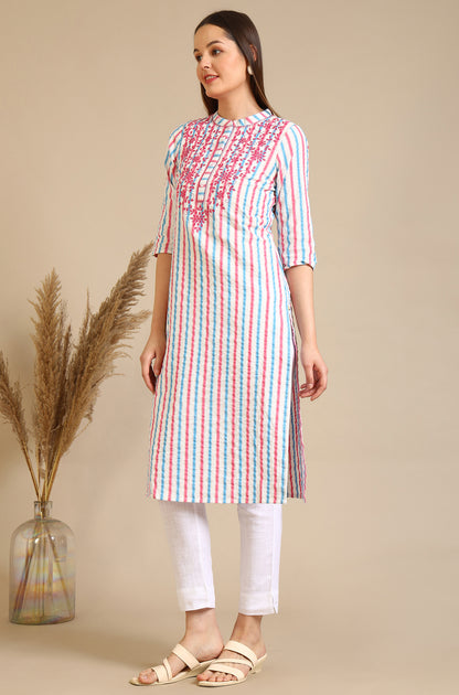 White Yarn Dyed Embroidered Yoke Straight Kurta with Multi-coloured Stripes