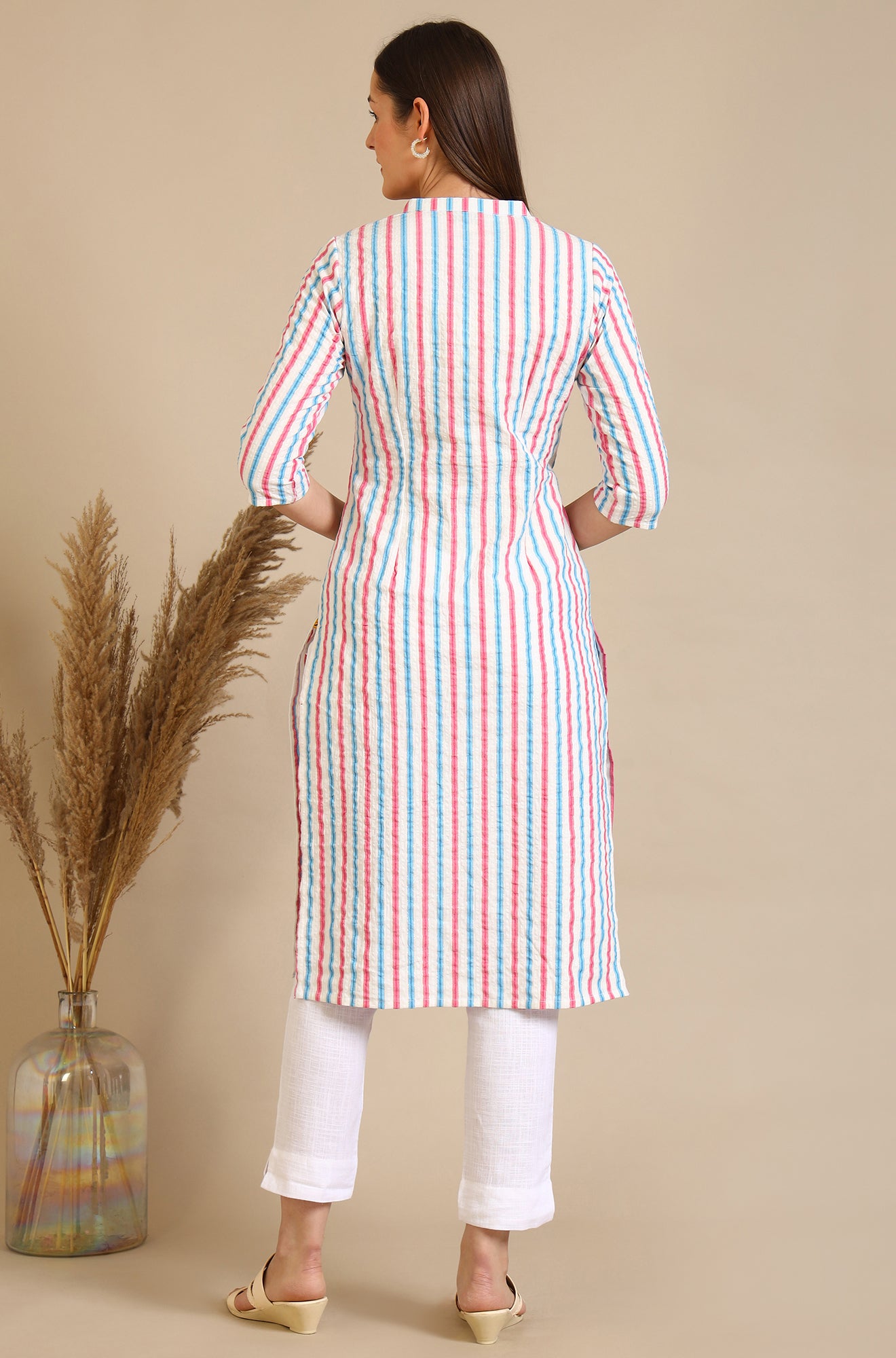 White Yarn Dyed Embroidered Yoke Straight Kurta with Multi-coloured Stripes